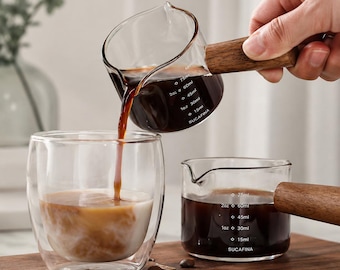 2er Set Kaffee Messbecher aus Glas mit Holzgriff – Espresso Shot Glas mit Ausguss – Barista Zubehör für Kaffee & Latte