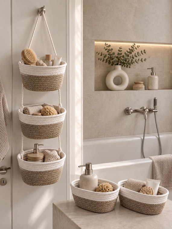 Hängekorb Set aus Baumwollseil | Wandkorb Aufbewahrung | Badezimmer Organizer | Kinderzimmer Aufbewahrung