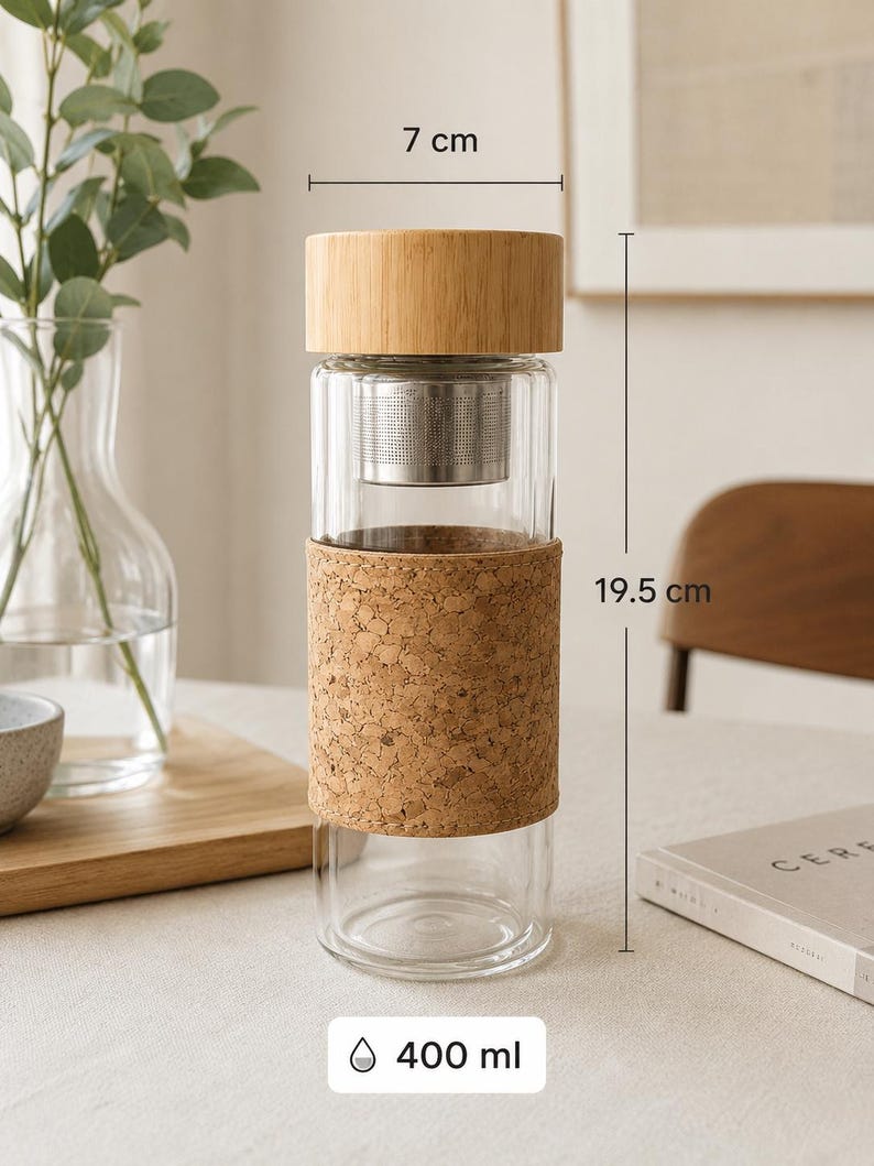 May include: A clear glass tea infuser bottle with a bamboo lid, a stainless steel infuser, and a cork sleeve. The bottle is 7 cm wide and 19.5 cm tall, with a 400 ml capacity.