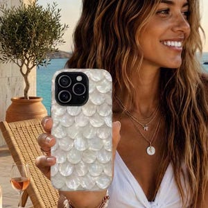 Mother of Pearl Mermaid Scale Phone Case, Glossy MagSafe Compatible iPhone Samsung