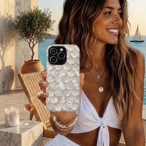 Mother of Pearl Mermaid Scale Phone Case, Glossy MagSafe Compatible iPhone Samsung