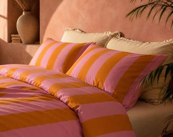 Juego de ropa de cama de algodón a rayas rosas y naranjas, funda nórdica y fundas de almohada de estilo retro, decoración Dopamine