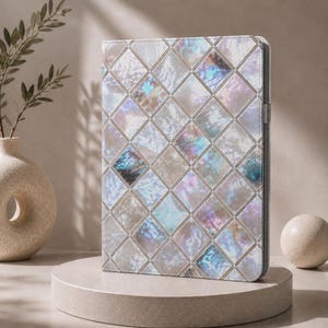 iPad-Foliohülle aus Perlmutt, geometrisches Design mit Meeresmotiven, Ständer aus schillerndem PU-Leder