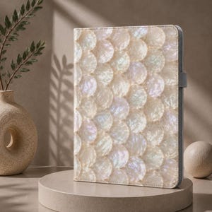Étui iPad en forme de coquille Saint-Jacques, motif nacre, folio côtier irisé