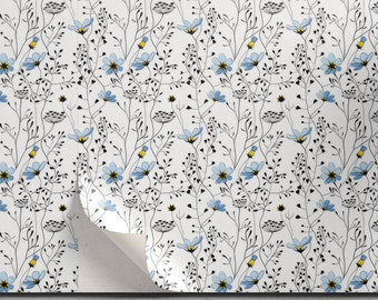 Blauwe bloemen tijdelijke behang-bloem Peel en Stick Wallpaper-botanische muur muurschildering-Floral verwisselbare wallpaper-zelfklevend behang