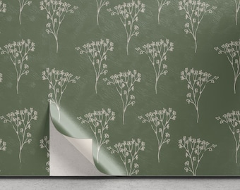 Groene bloemenbehang-tijdelijke behang-Peel en Stick Wallpaper-Floral Wall Mural-Verwisselbare Wallpaper-Self Adhesive Flower Wallpaper