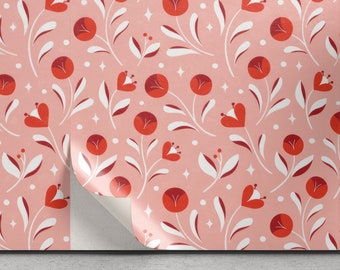 Red Floral Wallpaper-Temporary Wallpaper-Peel and Stick Wallpaper-Floral Wall Mural-Removable Wallpaper-Self Adhesive Flower Wallpaper Rolls