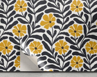 Gele bloemenbehang-tijdelijke behang-Peel en Stick Wallpaper-Floral Wall Mural-Verwisselbare Wallpaper-Self Adhesive Flower Wallpaper