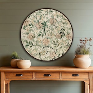 Round Botanical Wood Wall Art, Vintage Floral Pattern Print on Wood, Elegant Garden Inspired Circle Decor, Neutral Nature Wall Art