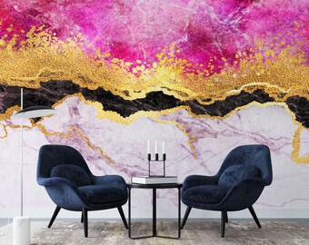 Pink Abstract Temporary Wallpaper-Gold Marble Peel and Stick Wallpaper-Pink Removable Wallpaper-Self Adhesive Gold Alcohol Ink Wallpaper