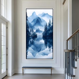 Framed Blue Mountain Lake Print: Misty Forest Reflection, Rustic Landscape