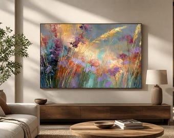 Pastel Wildflower Framed Wood Print Wall Art, Abstract Meadow and Wheat Artwork, Colorful Botanical Decor, Deep or Floating Frame