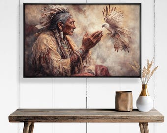 額装されたネイティブアメリカンの長老と鷲の壁画：素朴な文化的な壁画