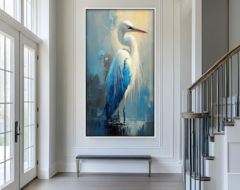 Blue Heron Wall Painting: Framed Vertical Nature Art Painting Look Wall Art