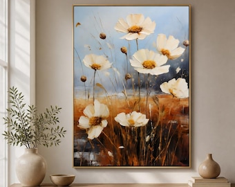 White Wildflower Framed Wood Print Wall Art, Blue and Rust Floral Impasto Artwork, Modern Botanical Decor, Flower Wooden Wall Art