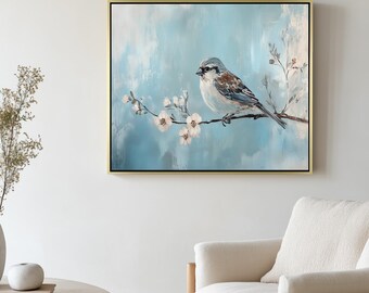 Framed Sparrow Canvas Art: Blue Bird Wall Art, Floating Wood Frame Painting Look Wall Art
