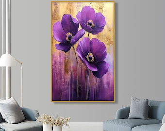 Purple Flower Wall Painting  - Framed Botanical Wall Art Painting Look Wall Art, Mothers Day Gift