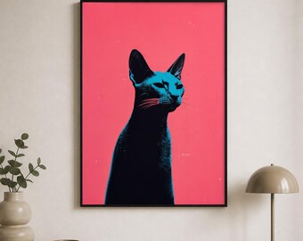 Neon Black Cat Framed Wood Wall Art, Pink and Electric Blue Pop Art Animal Portrait, Minimalist Wood Wall Decor