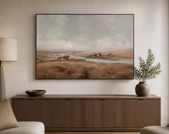 Riverside Farmstead Framed Wood Print Wall Art, Neutral Rural Valley Landscape, Country Houses, Deep or Floating Frame