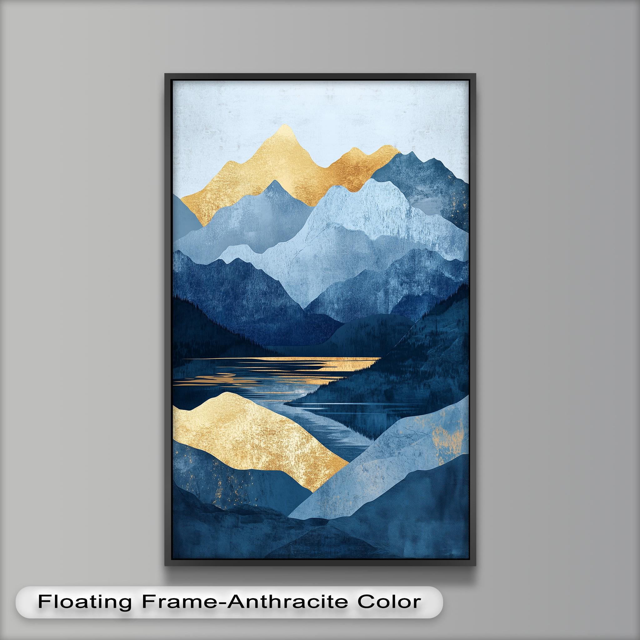 額装された青と金の山の壁画：抽象的な風景画風の壁掛けアート - Etsy 日本