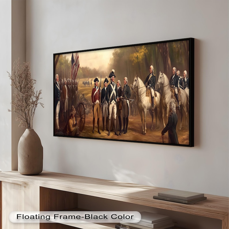 White-framed panoramic art depicting colonial military gathering during the American Revolution.