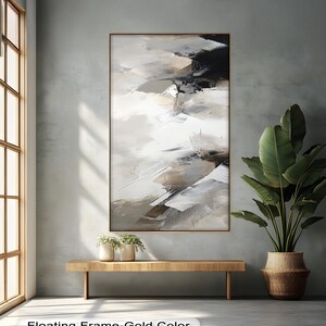 Art mural abstrait neutre en bois : Art mural noir, blanc et beige effet peinture sur cadre flottant