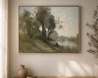 Lakeside Path Framed Wood Print Wall Art, Trees and Quiet Water Landscape, Vintage Pastoral Nature Wooden Wall Art, Wood Wall Art