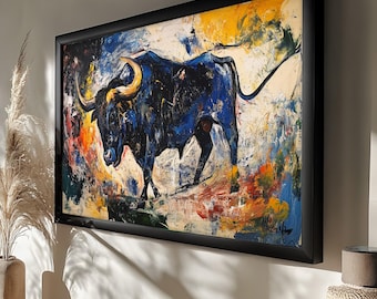 May include: Abstract painting of a black bull with golden horns, set against a vibrant background of blue, yellow, orange, and white brushstrokes. The artwork is framed in a deep black frame. The text "Deep Frame-Black Color" is at the bottom.