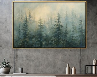 Gerahmter Nebliger Wald Leinwand Kunst: Rustikaler Holzdruck, Floating-Rahmen Gemälde-Optik Wandkunst