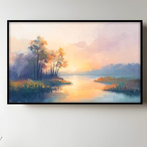 Framed Sunset River Oil Painting on Wood: Serene Landscape Wall Art