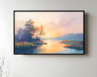 Framed Sunset River Wall Painting : Serene Landscape Wall Art Painting Look Wall Art