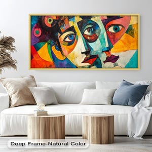 Abstract Faces Panoramic Wall Art, Colorful Expressionist Wooden Print with White Frame, Modern Bold Décor for Creative Spaces