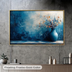 Blue Vase Floral Wooden Wall Art, Elegant Still Life Painting, Textured Botanical Artwork with Gold Frame, Rustic Home Decor