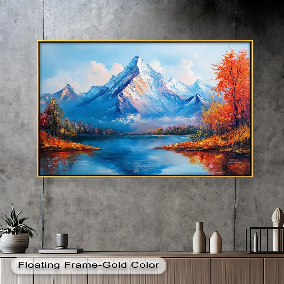 Framed Mountain Lake Wall Painting : Autumn Landscape Wall Art Oil ...