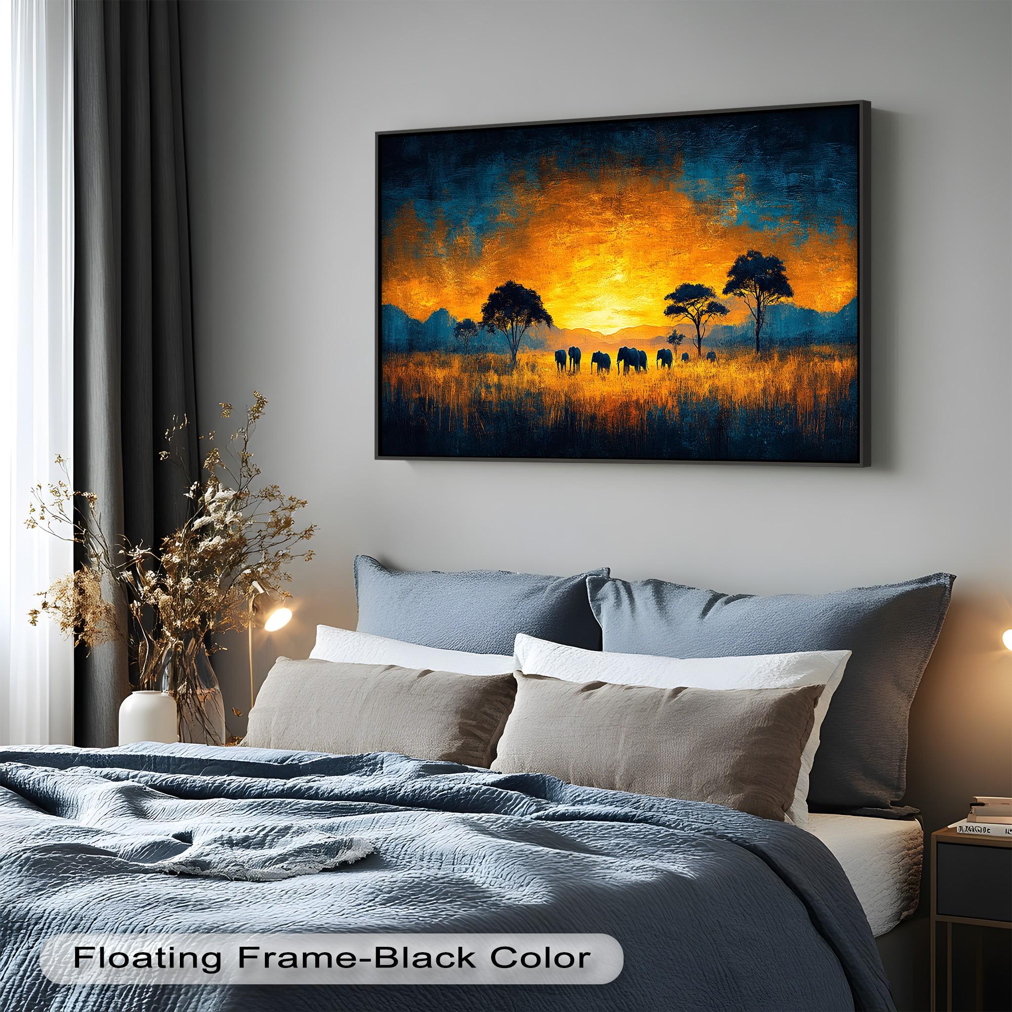 Elephant Sunset Canvas Art: African Safari Wood Wall Art With Frame Oil ...