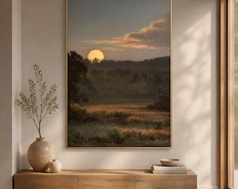 Low Moonrise Framed Wood Print Wall Art, Golden Full Moon Over Woodland Valley and Twilight Field, Deep or Floating Frame