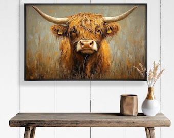 Framed Highland Cow Canvas Art: Rustic Farmhouse Wall Art Painting Look Wall Art