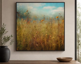 Golden Wildflower Meadow Framed Wood Print Wall Art, Turquoise Sky Landscape, Botanical Wooden Wall Art, Wood Wall Art, wood wall hanging