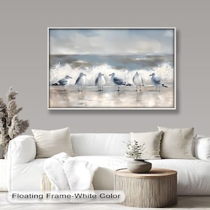 Cuadro de madera con gaviotas en la orilla: Cuadro con marco dorado estilo pintura al óleo, regalo para el Día de la Madre.