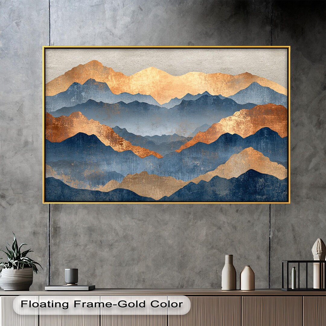 Framed Mountain Range Wall Painting : Gold & Blue Landscape Art Oil ...