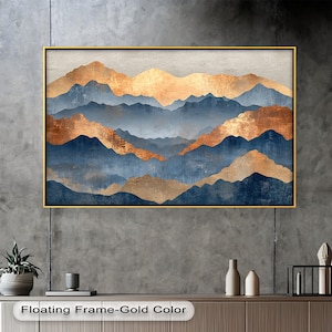 Framed Mountain Range Oil Painting on Wood: Gold & Blue Landscape Art