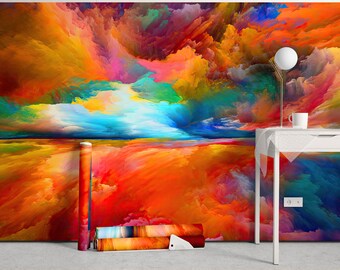 Abstract Temporary Wallpaper-Colorful Clouds Peel and Stick Wallpaper-Clouds Wall Mural-Removable Wallpaper-Self Adhesive Wall Paper