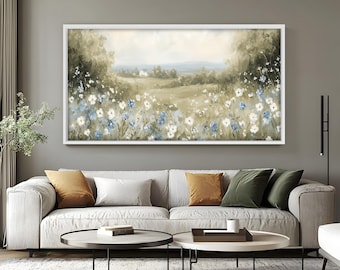 Lámina enmarcada de paisaje floral: Pradera de flores silvestres azules, cuadro de estilo rústico para pared.