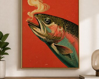 Cigar Smoking Fish Framed Wood Print Wall Art, Colorful Trout Portrait and Angler Humor, Wooden Wall Art, Wood Wall Art, wood wall hanging