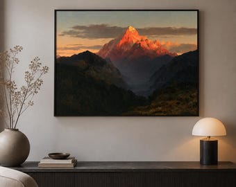 Sunlit Mountain Framed Wood Print Wall Art, Red Orange Peak Landscape, Dramatic Wilderness Decor, Deep or Floating Frame
