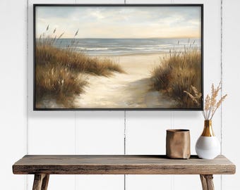 Gerahmtes Küstenstrandweg-Wandgemälde: Rustikale Seelandschafts-Kunstmalerei-Look Wandkunst