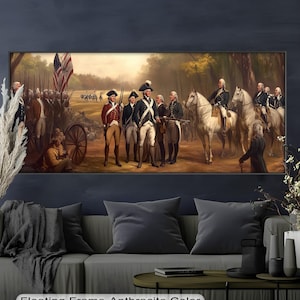 Colonial army print featuring mounted generals, foot soldiers, and waving flags in a natural forest setting.