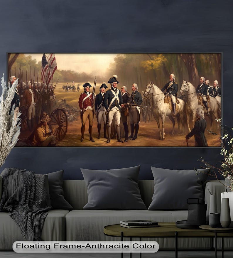 Colonial army print featuring mounted generals, foot soldiers, and waving flags in a natural forest setting.
