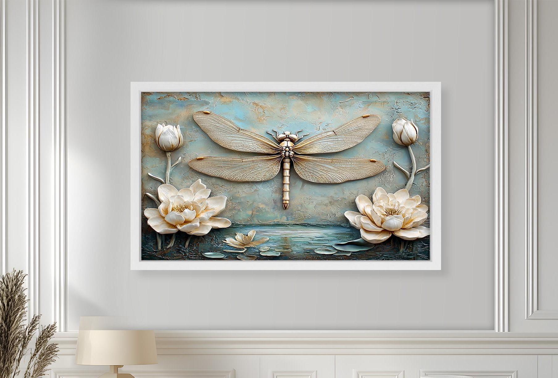 トンボと蓮の壁画：額装された木製壁画風ウォールアート - Etsy 日本