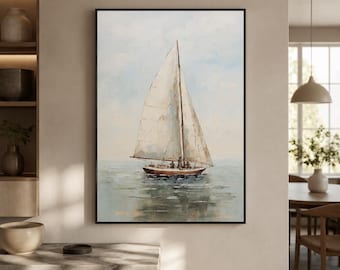 Classic Sailboat Framed Wood Print Wall Art, Neutral Blue Maritime Seascape, Nautical Coastal Decor, Deep or Floating Frame
